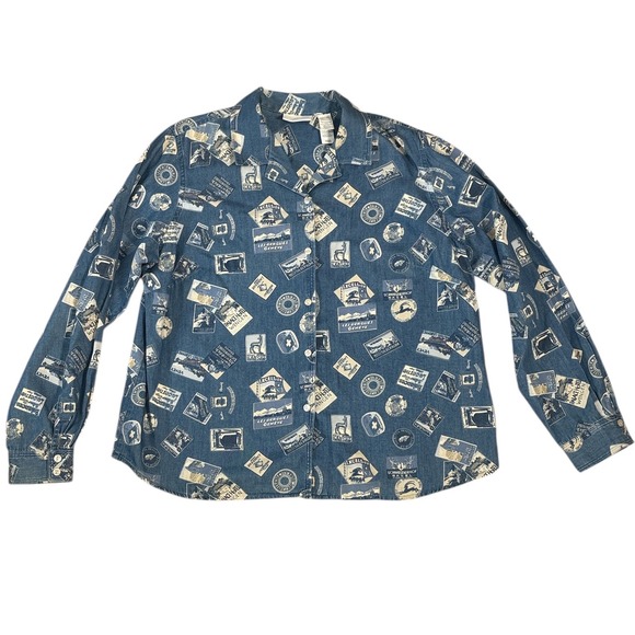 lizwear Tops - VTG 90s‎ Lizwear Denim Postage Stamp Western Button Down Shirt